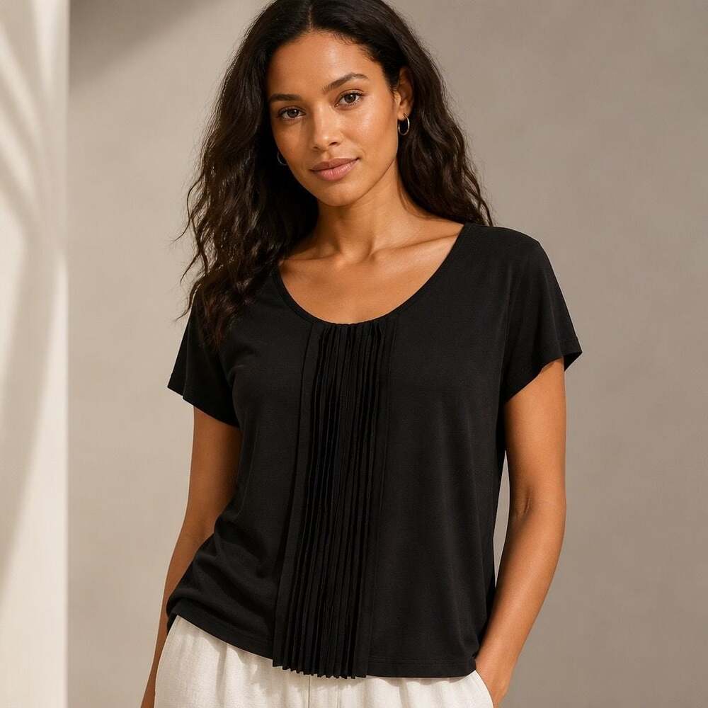 Talbots Black Short Sleeve Pleated Front Scoop Neck T-Shirt Top 2XP